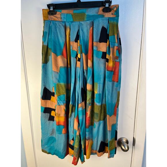 VTG Colorful Palazzo Pants Gauchos Size 12 Blue Abstract 80s 90s Office Boho - Picture 1 of 8